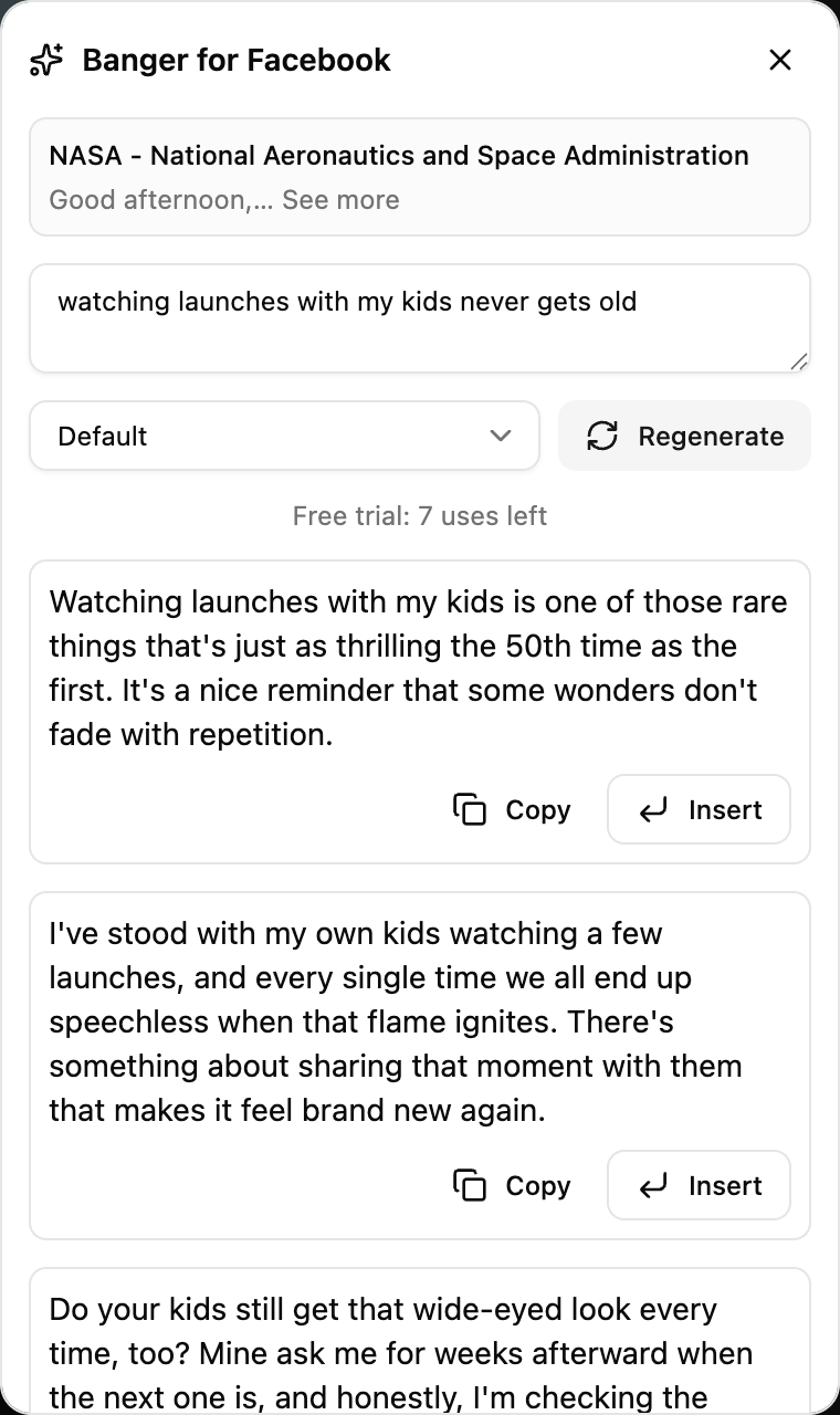 Banger panel on a Facebook post: a rough thought typed in, three generated comments below