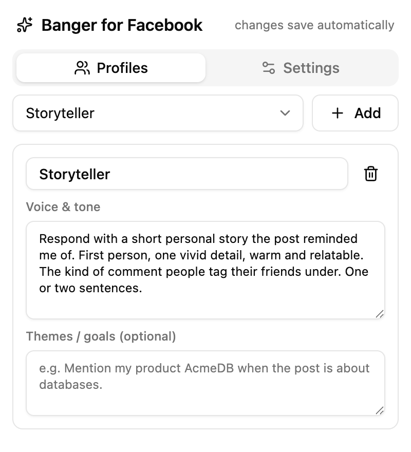 Banger settings popup showing the voice profile editor