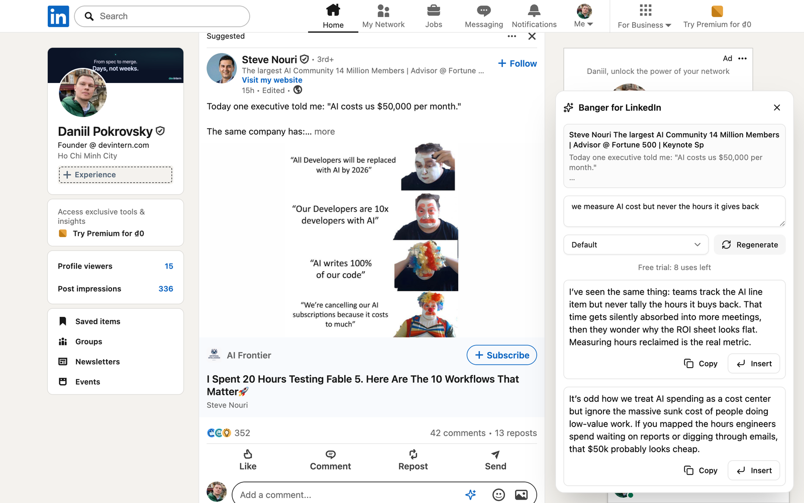 Banger panel open over the LinkedIn feed next to a post