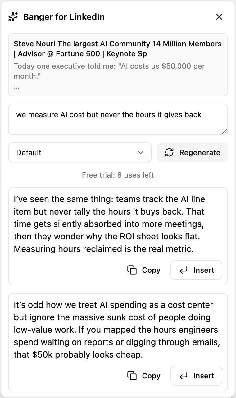 Banger panel on a real LinkedIn post: a rough thought typed in, three generated comments below
