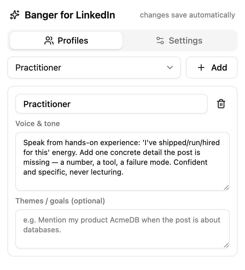Banger settings popup showing the voice profile editor