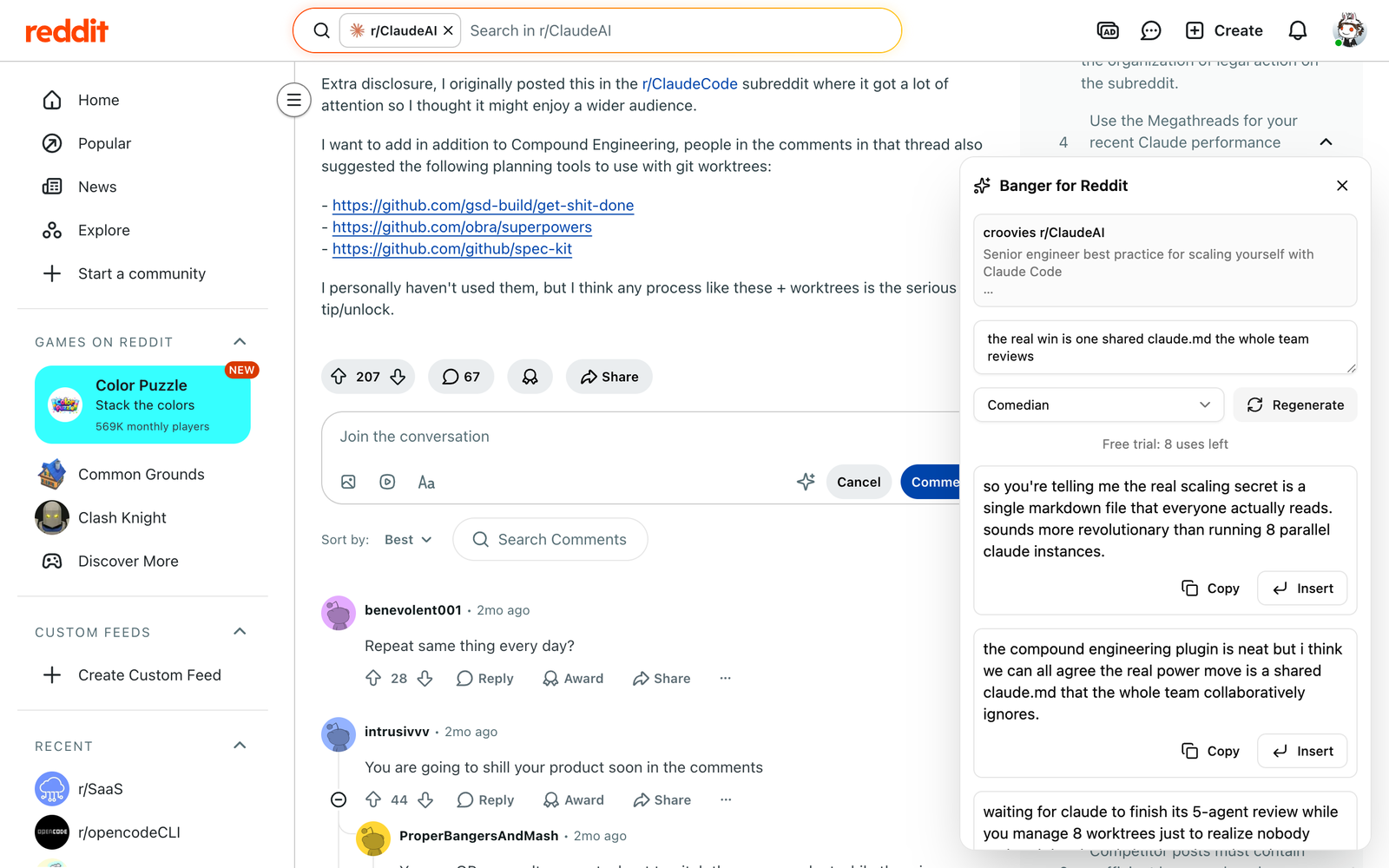 Banger panel open over reddit.com next to a thread