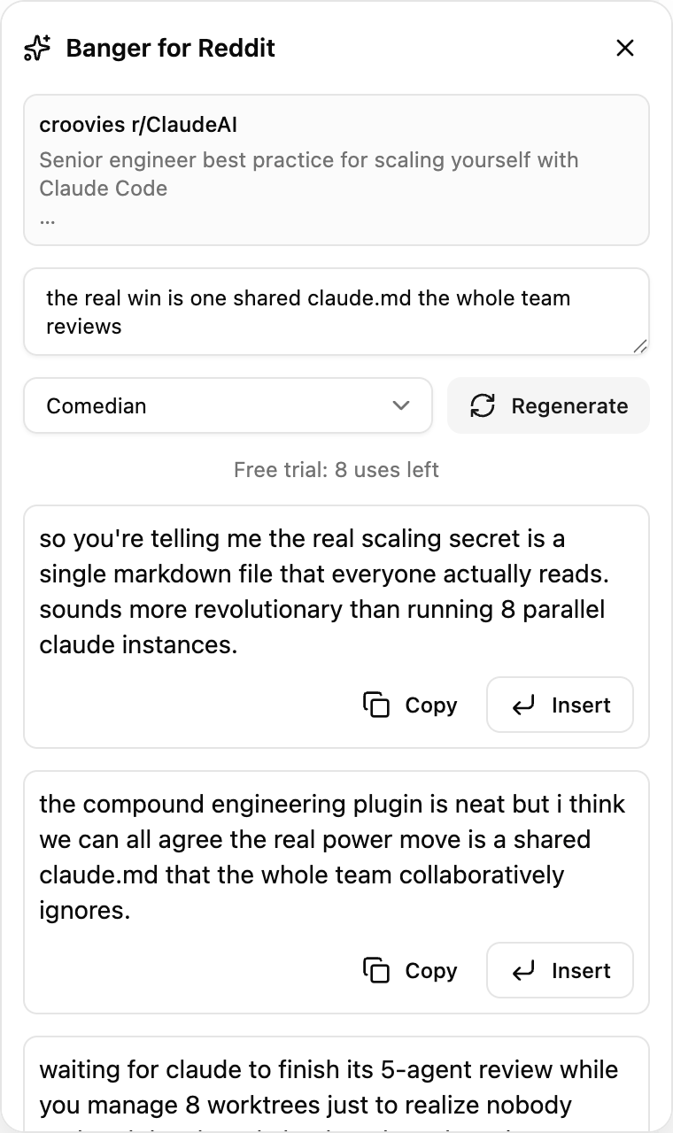 Banger panel on a Reddit thread: a rough thought typed in, three generated comments below