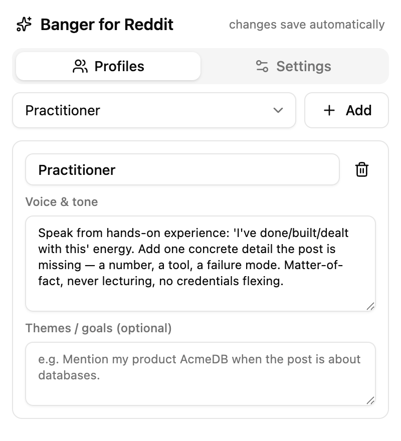 Banger settings popup showing the voice profile editor