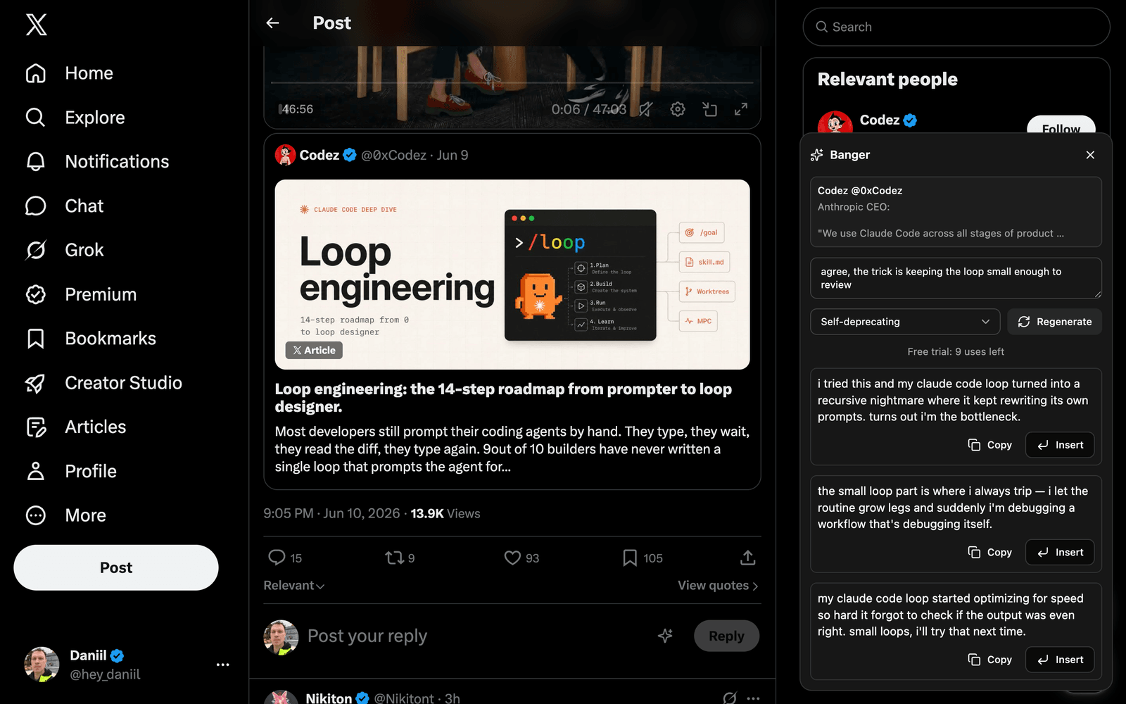 Banger panel open over x.com on a post page