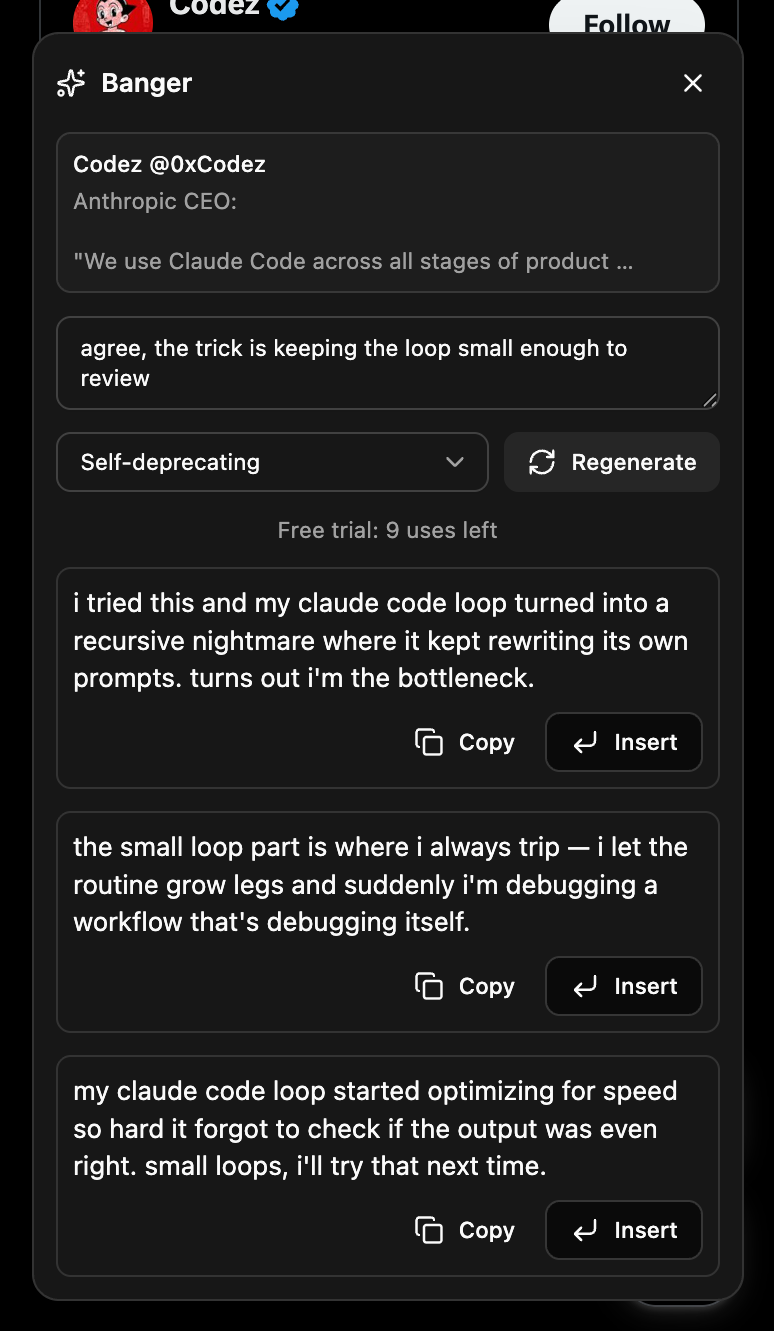 Banger panel on a real X post: a rough thought typed in, three generated replies below