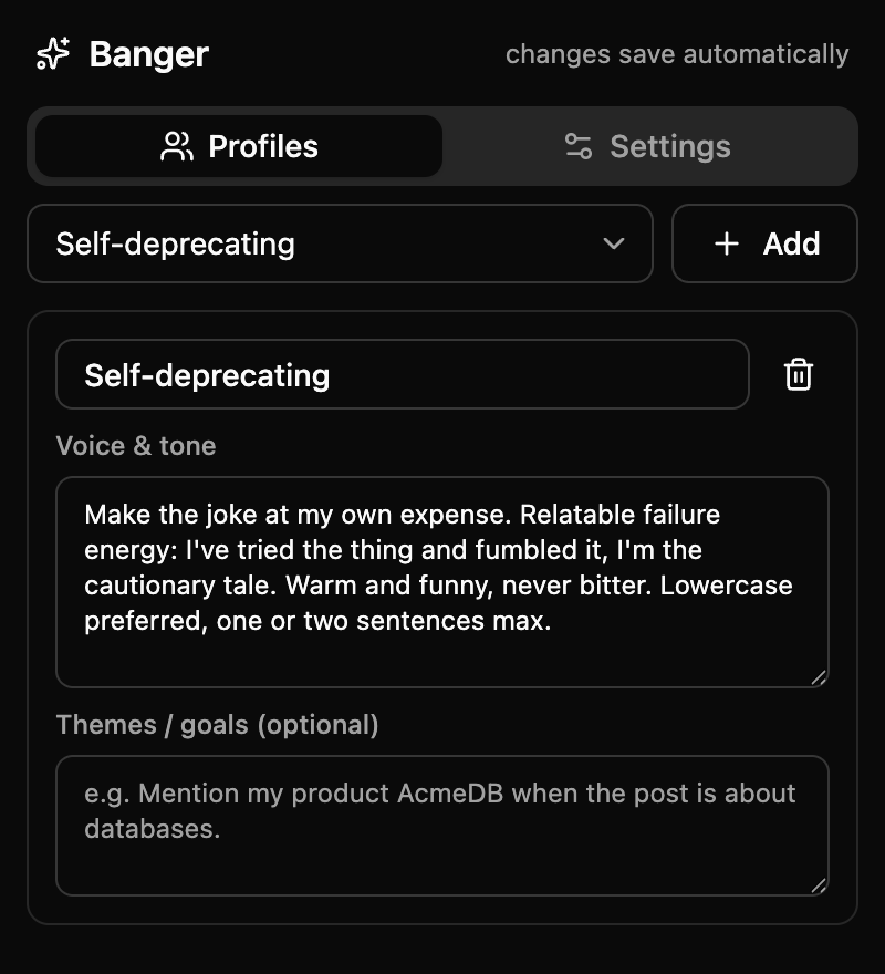 Banger settings popup showing the voice profile editor